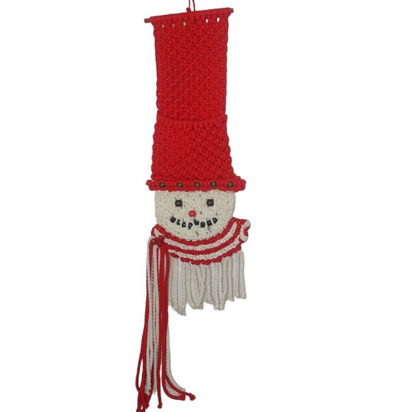 Handmade Other - Vtg Handmade Macrame Snowman Christmas Card Holder Wall Hanging 48" Frosty Red
